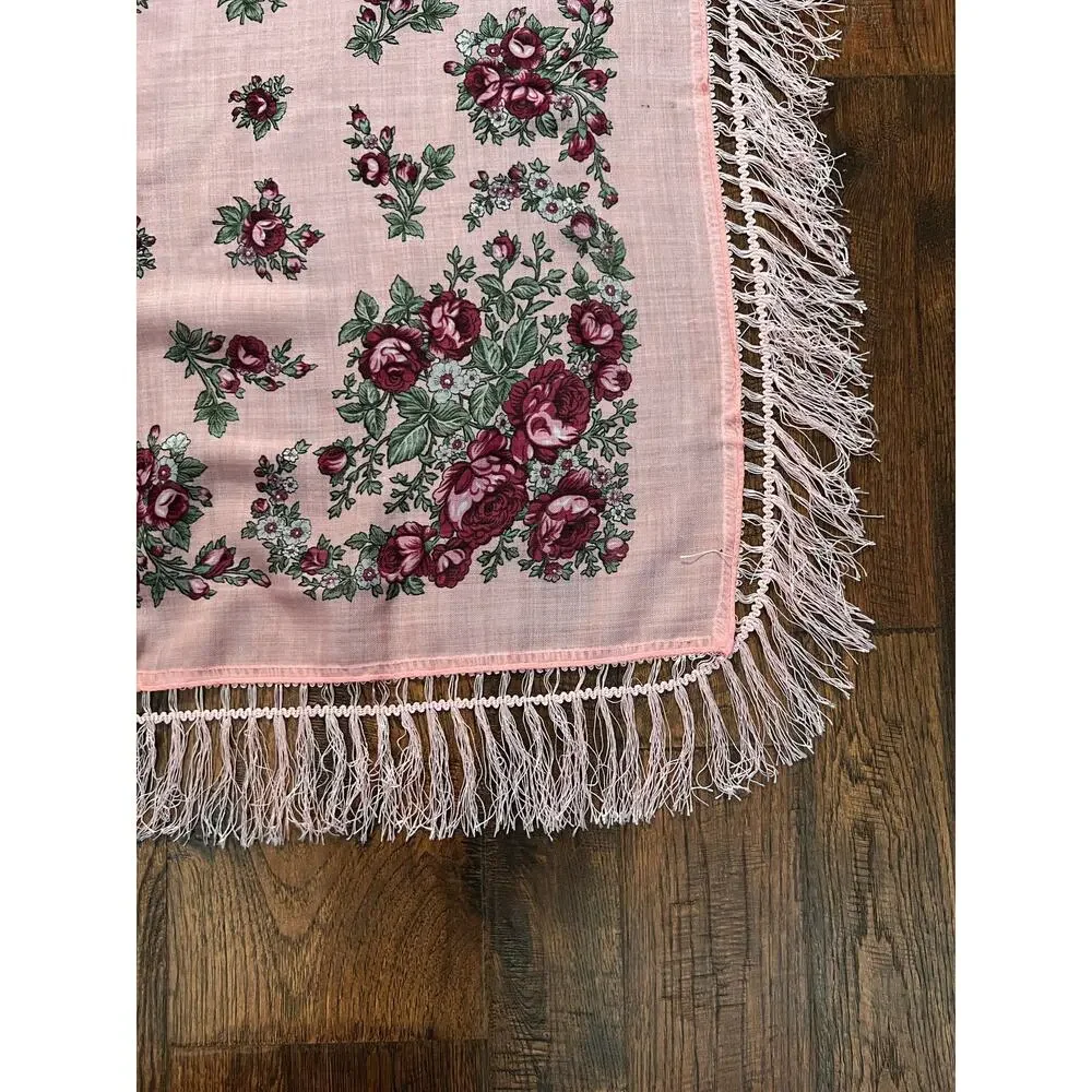 Vintage Kashmir Woole Floral Fringe Scarf - Pink Rose Square Wrap Bohemian Style